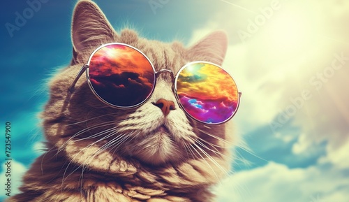 Portrait of a beautiful cat wearing sunglasses on the sky background. © Obsidian