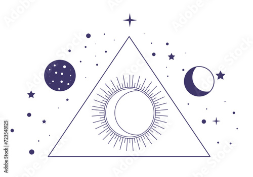 Mystic pyramid symbol with moon and sun planet