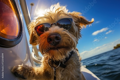 Cool Dog with sunglasses on a yacht in the sea on a sunny day © Obsidian