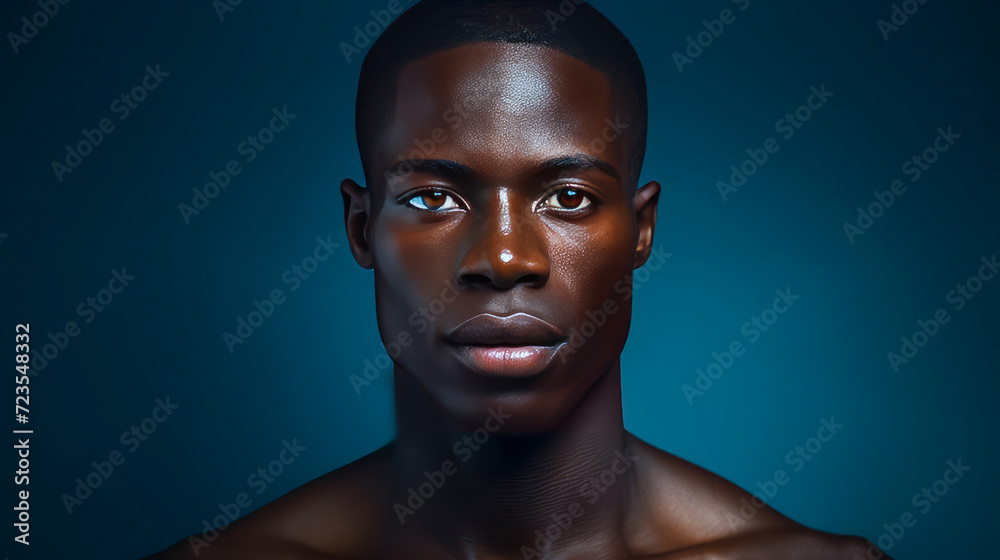 Portrait of a handsome elegant sexy African man with dark and perfect skin, on a dark blue background. Portrait of a handsome elegant sexy African man with dark and perfect skin, on a dark blue background.