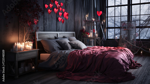 Modern interior design of bedroom with wooden floor, large bed, side table, candles and valentine decorations. Created with Ai
