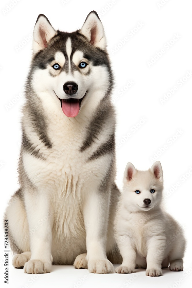 portrait of two cute siberian huskies on isolated background