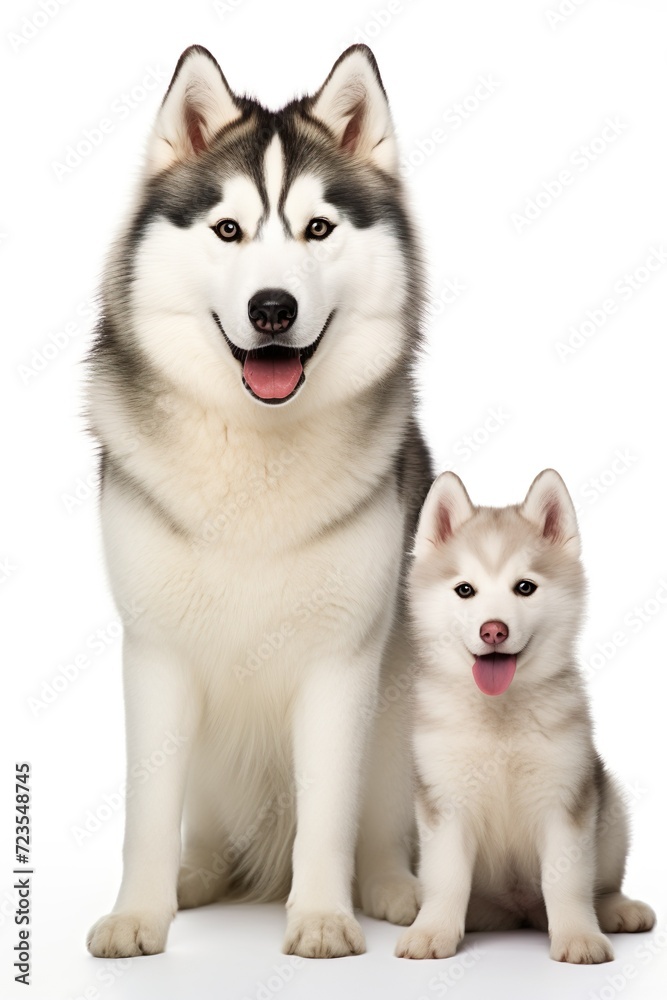 portrait of two cute siberian huskies on isolated background