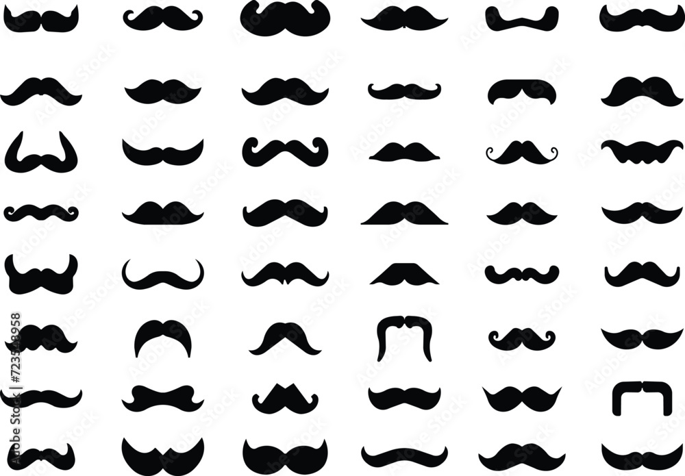 Set of Moustache icons. Whisker icons. Black Fill silhouette of adult man moustaches. Symbols of Fathers day. Barber symbols isolated on transparent background for Website page and mobile app designs.