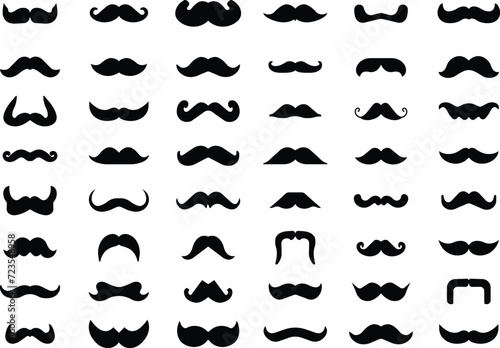 Set of Moustache icons. Whisker icons. Black Fill silhouette of adult man moustaches. Symbols of Fathers day. Barber symbols isolated on transparent background for Website page and mobile app designs.