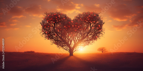 heart shaped tree with beautiful sunset 