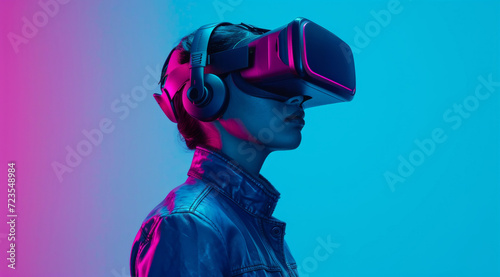 Vr, game or woman in online metaverse gaming for fantasy, cyber or scifi application. Explore, relax and fun virtual reality user or young female person in 3d ai experience in futuristic world