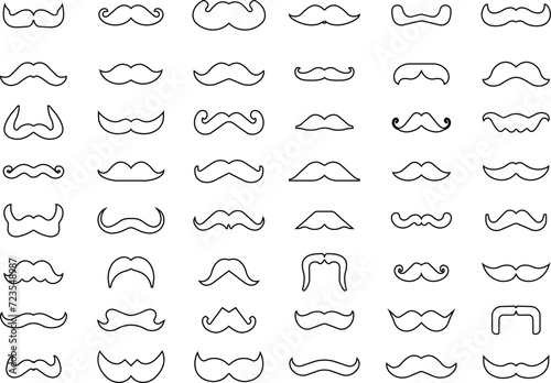 Set of Moustache icons. Whisker icons. Black Line silhouette of adult man moustache. Symbols of Fathers day editable stock. Barber symbols on transparent background for Website and mobile app designs.