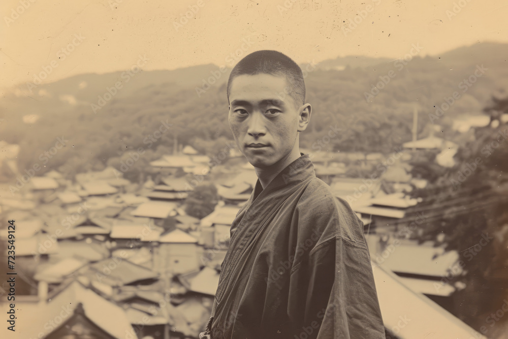 村の風景と着物を着た若者。架空の昭和の写真。Nostalgic old Japanese photos. A young man in a kimono and a village in the background. A fictional old photo.Generative AI 村の風景と着物を着た若者。架空の昭和の写真。Nostalgic old Japanese photos. A young man in a kimono and a village in the background. A fictional old photo.Generative AI
