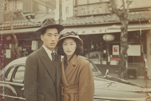 祖父と祖母の昔の写真。架空の昭和の写真。Nostalgic photos from the Showa era in Japan. A young couple, man and woman, are in front of a car, wearing hats. A fictional old photo.Generative AI photo