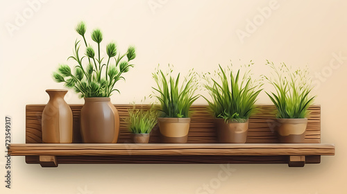 Natural garden banner with spring plants. Pots on wooden shelf.
