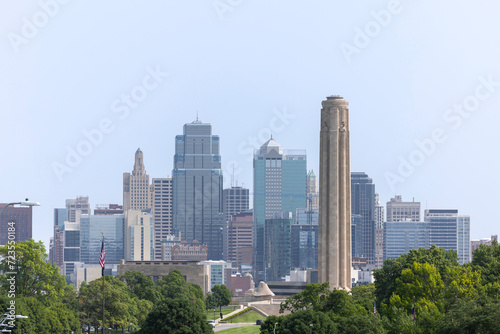 Kansas City, Missouri, USA - June 15, 2023: Afternoon light shines on historic buildings in downtown Kansas City.