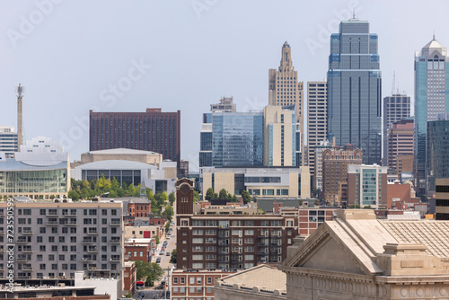 Kansas City  Missouri  USA - June 15  2023   Afternoon light shines on historic buildings in downtown Kansas City.