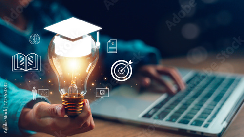 Hands showing graduation hat, Internet education course degree, E-learning graduate certificate program concept. study knowledge to creative thinking ideas and problem-solving solutions.