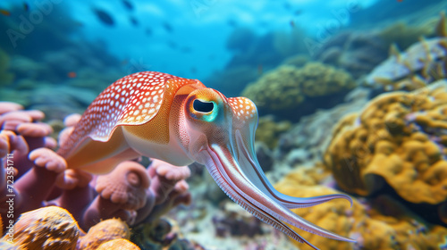 Lively and colorful marine life squid swim among coral reefs in a tranquil ocean atmosphere. © Gun