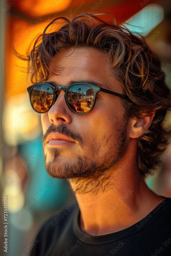 Young man in sunglasses. Close-up portrait of fashionable brutal man Young man in sunglasses. Close-up portrait of fashionable brutal man