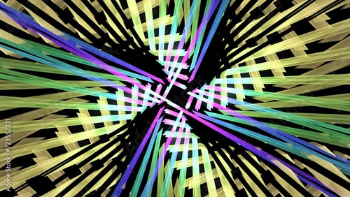 Heliciform rotation of intersecting colorful lines on black. Continuous varicolored fractal background metamorphoses. Striped luminous constructions deformation and circulation. 4K UHD 4096x2304 photo
