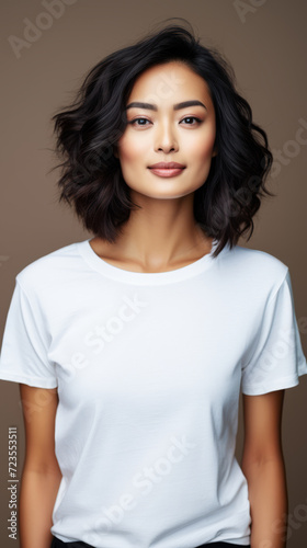 Young Asian woman wearing a white t shirt isolated from a copy space background.