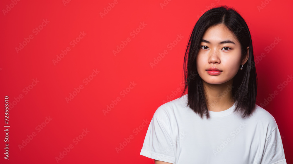 Young Asian woman wearing a white t shirt isolated from a copy space background. Young Asian woman wearing a white t shirt isolated from a copy space background.