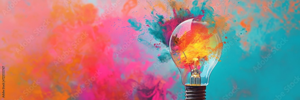 Creative light bulb explodes with colorful paint and colors. New idea, brainstorming concept. Bright banner with splashes - obrazy, fototapety, plakaty 