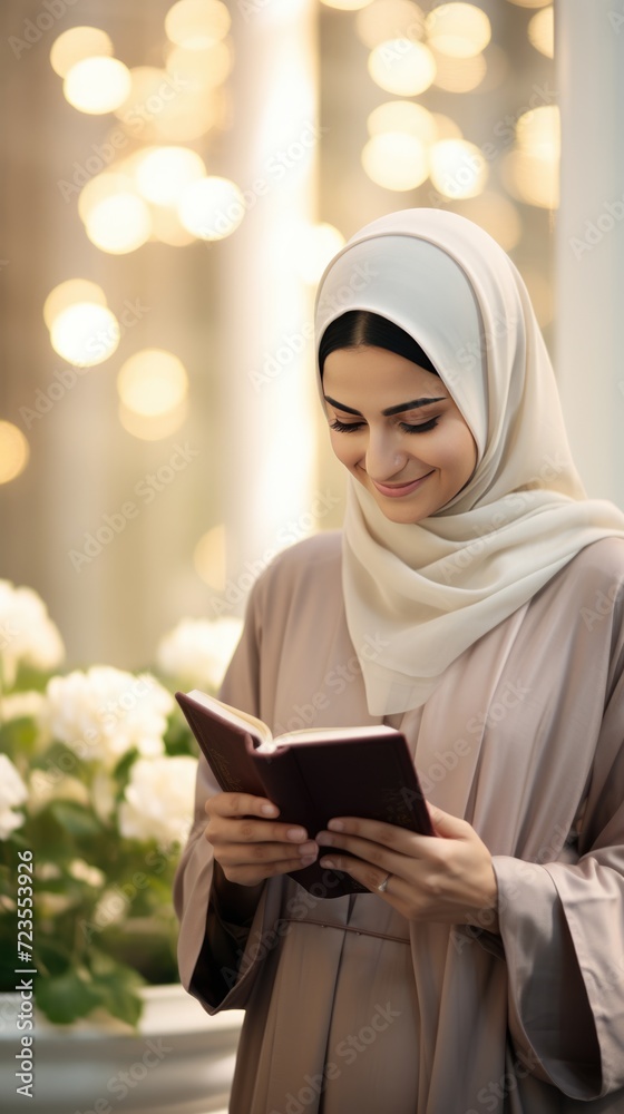 A woman wearing a hijab is reading a book, possibly the Quran, in a serene setting. A woman wearing a hijab is reading a book, possibly the Quran, in a serene setting.