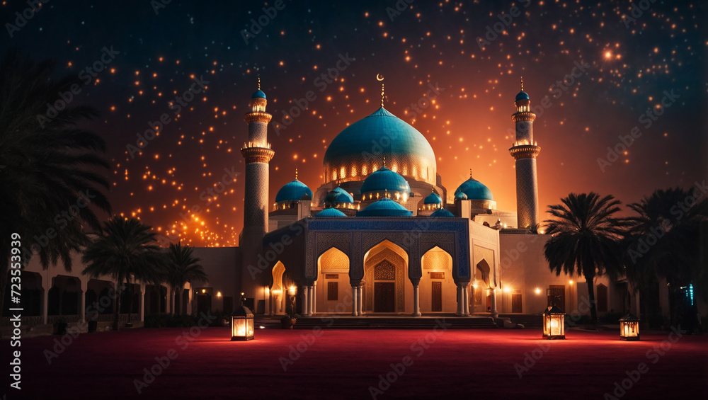 Eid al-fitre Hosni Mubarak mosque and lantern background at night