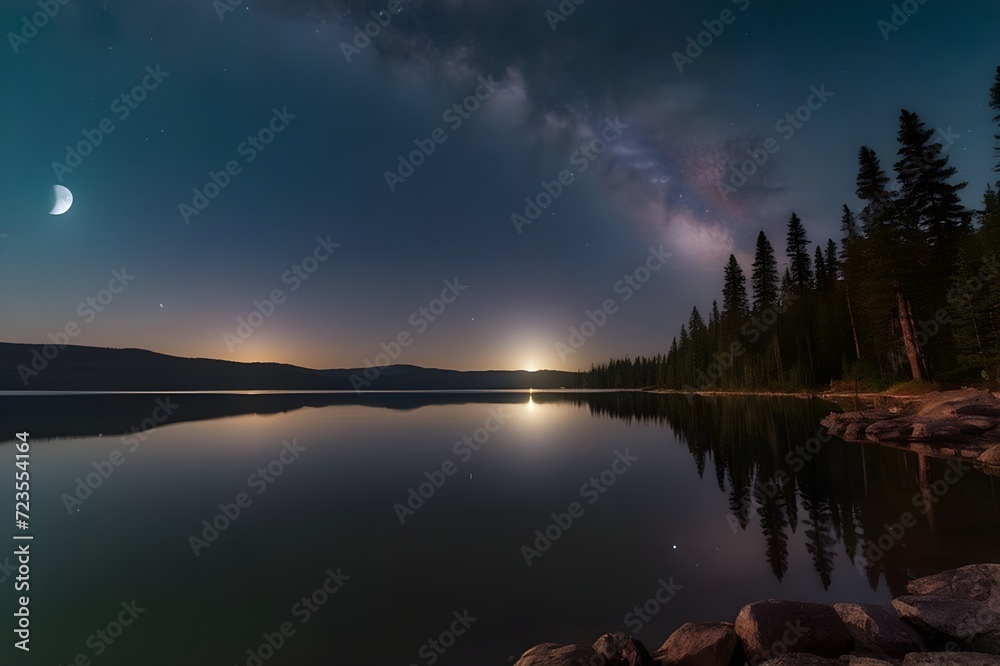 The serene beauty of the night sky reflected in the calm waters of the lake with the galaxy and moon