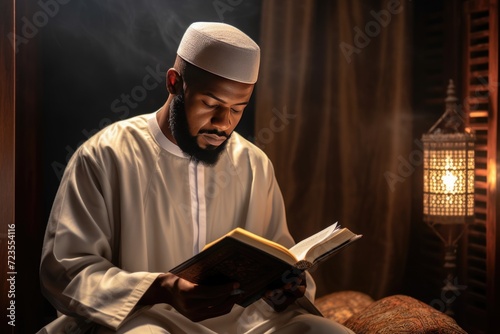 A Muslim man in a white jubba reading a book in a dimly lit room. photo