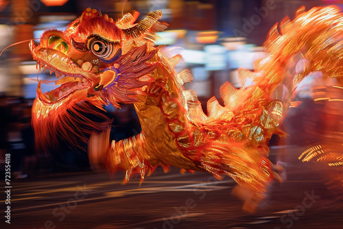 An orange chinese dragon is being moved during street dance Celebration of Chinese New Year festival