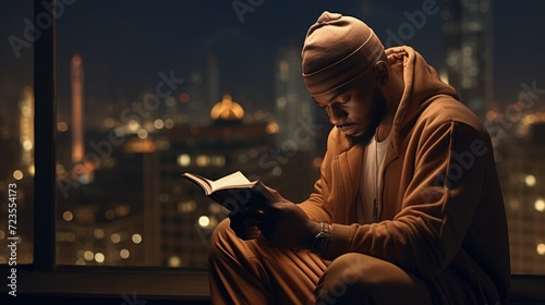 A man sitting in a city at night, reading a book
