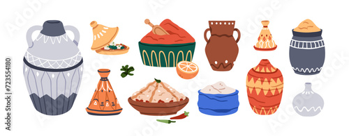 Morocco pottery, food, seasonings set. Moroccan Arabic crockery, dishes, spices. Ceramic pots, vessels, earthenware, vases in Maroc style. Flat vector illustrations isolated on white background