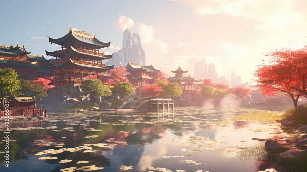 anime style background chinese asia japan china architecture, ai - obrazy, fototapety, plakaty 