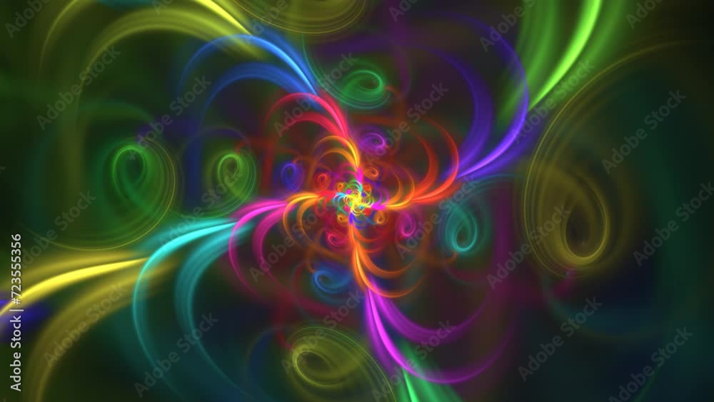 Multicolored spots and waves revolving around center and making abstract floral pattern. Fractal background with curved glowing fluids spin. Bright vibes spiraliform motion. 4K UHD 4096x2304 Multicolored spots and waves revolving around center and making abstract floral pattern. Fractal background with curved glowing fluids spin. Bright vibes spiraliform motion. 4K UHD 4096x2304