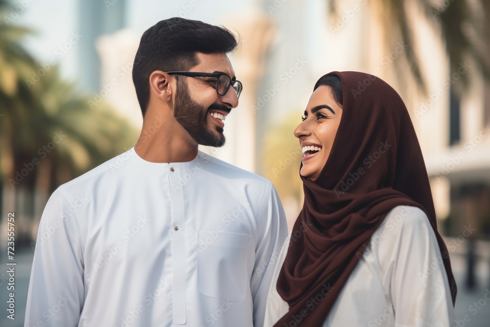 A happily married couple wearing traditional Islamic attire share a laugh A happily married couple wearing traditional Islamic attire share a laugh