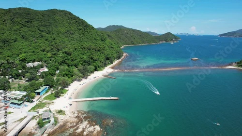 Sai Kung Sharp Island Sand Levee, natural beauty and geo heritage, rock were sculpted into by weathering processes and wave erosion in Kiu Tsui Chau Country Park, Hong Kong, aerial drone sky view photo