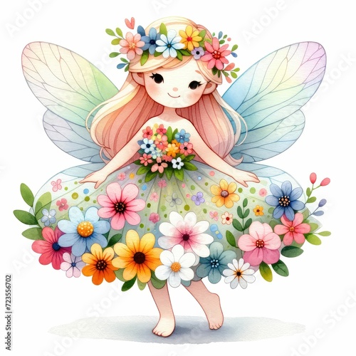 Flower fairy with a floral dress. watercolor illustration. Fairy and Flowers watercolor girls nursery resorce. white background. 