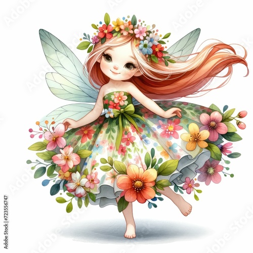 Flower fairy with a floral dress. watercolor illustration. Fairy and Flowers watercolor girls nursery resorce. white background.  photo