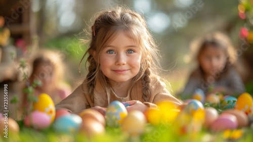 Smiling Young Girl Participating in an Outdoor Easter Egg Hunt in Springtime