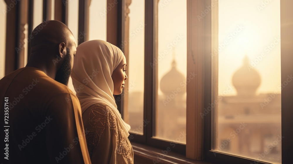 A Muslim couple overlooking the city from a window