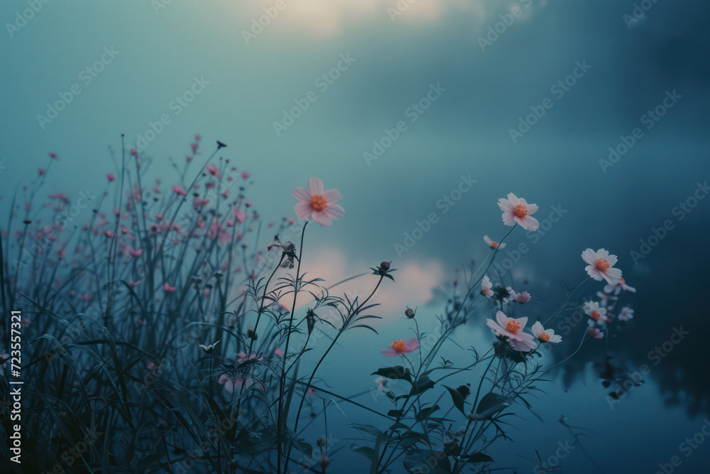 Beautiful cosmos flowers on the lake with filter effect retro vintage style
