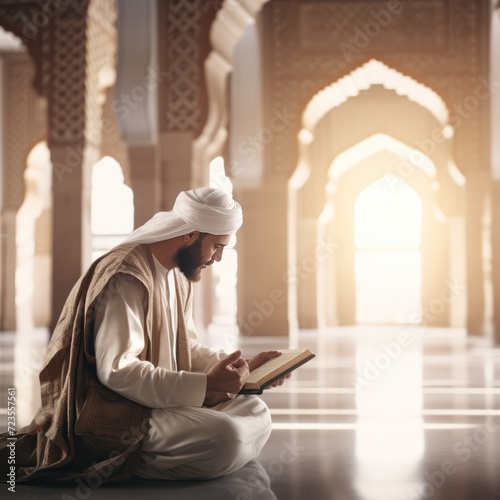 Muslim Man Reading Quran in Mosque