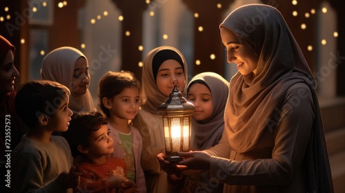 Arabic speaking woman presents a lantern to children