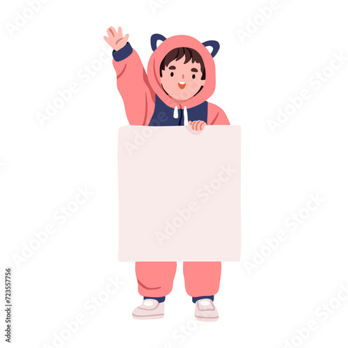 Kid holding blank paper sheet. Cute child showing banner, placard, space for announcement. Happy boy standing with empty poster in hand. Flat vector illustration isolated on white background
