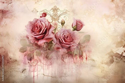 Vintage retro border for Valentines day with copy space. Grunge floral beige background. Worn stained romantic banner of roses on shabby crumpled background. Faded design for holiday greeting ads card