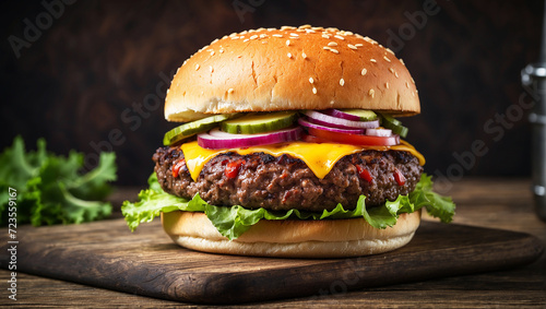 Close-up home made single beef burger on wooden table