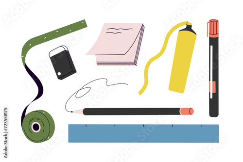 Stationery set. Memo paper note, measuring tape, eraser, pencil, text highlighter, felt-tip pen, ruler. Office and school supplies, marker, liner. Flat vector illustration isolated on white background