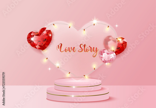 Heart shaped gems and display stand on pink background, suitable for Valentine's Day, Mother's Day, sales