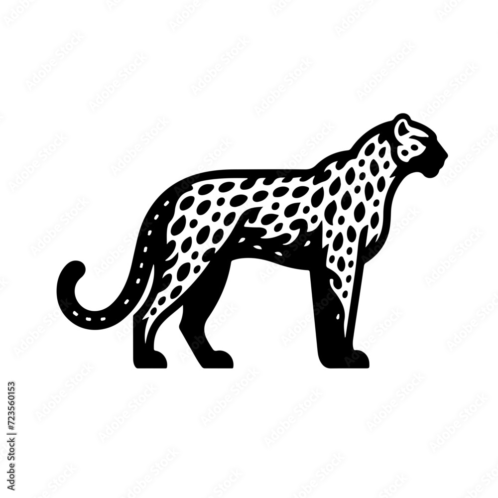 The image is a vector of a black panther. it is a side view of the animal, and it is standing. the image is simple and stylized,