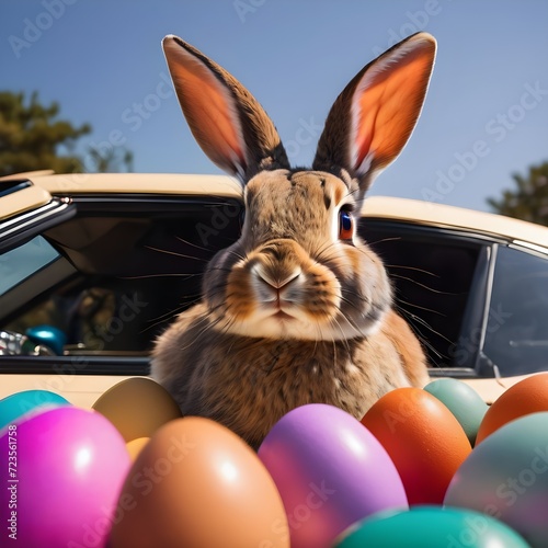 Bunny standing on the modern car roof and celebrate Easter day 