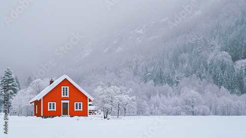 Small, beautiful house near the lake and mountains in winter 